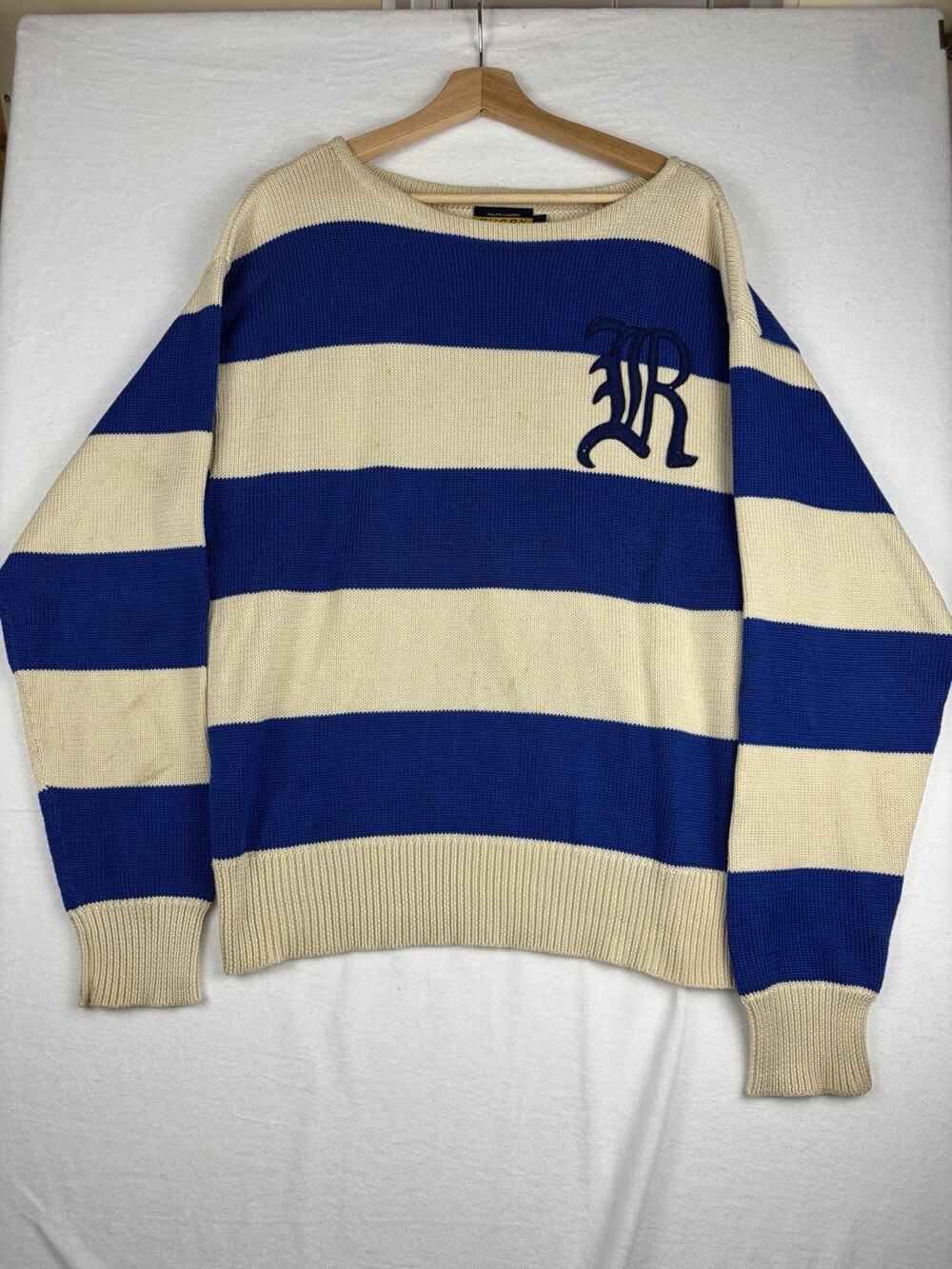 VTG Rugby Ralph Lauren Sweater Men’s XL Blue Cream Striped Big R Logo Cotton